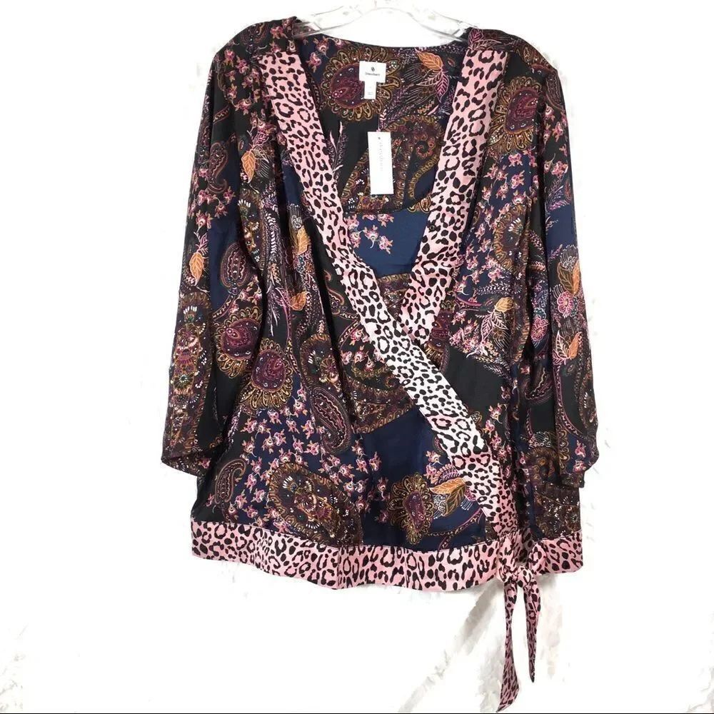 Faux wrap kimono shirt top blouse leopard NWT new